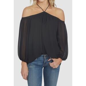 1. State Womens Cold Shoulder Halter Puff Sleeve Blouse Small Black Romantic